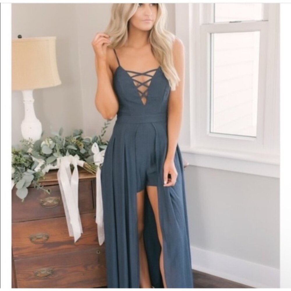 NWT Wishlist Apparel Women's Cabana Retreat‎ Lace Up Maxi Romper Navy MEDIUM